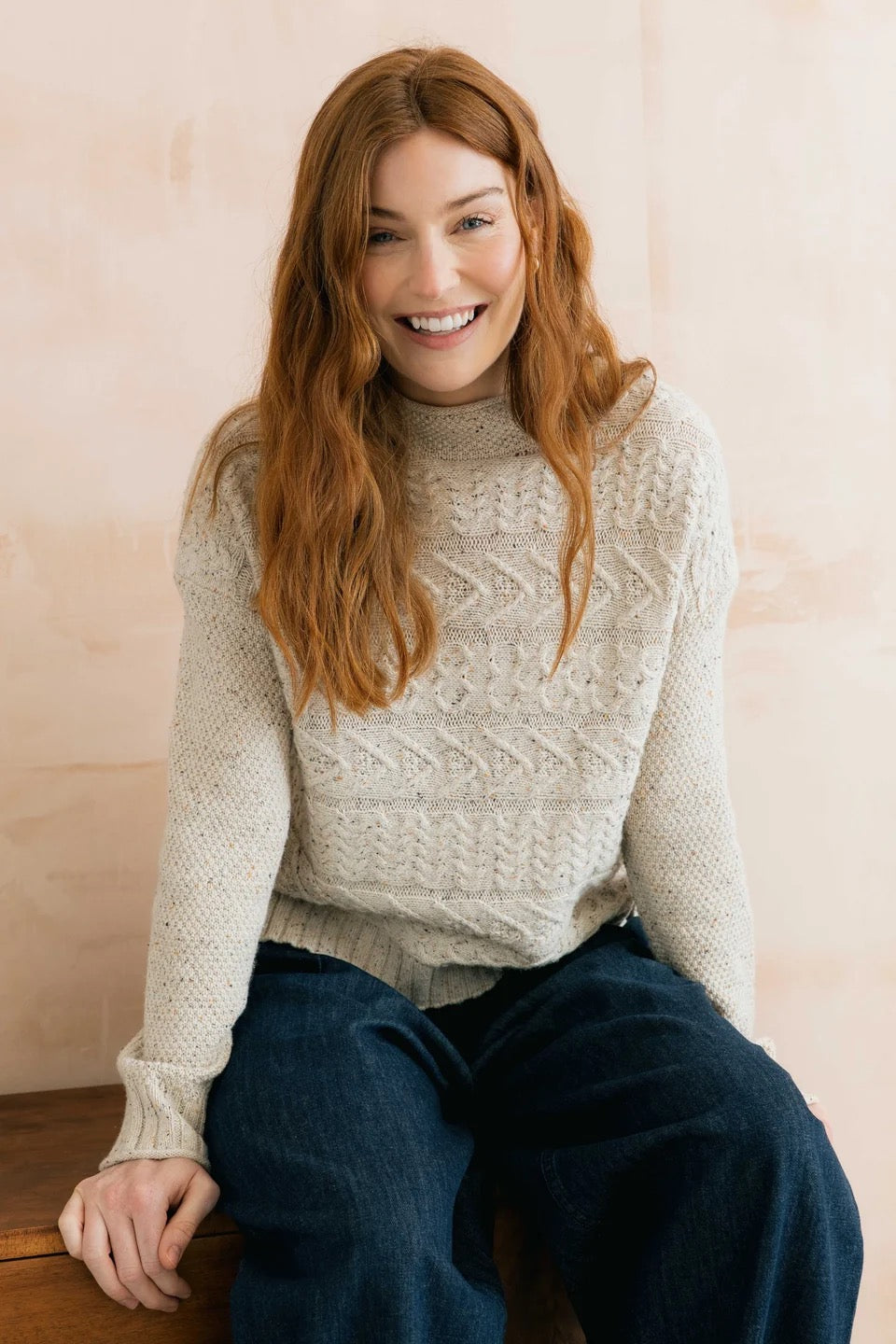 Sonia Cable Knit High Neck Jumper - Ecru Fleck - Lily &amp; Me