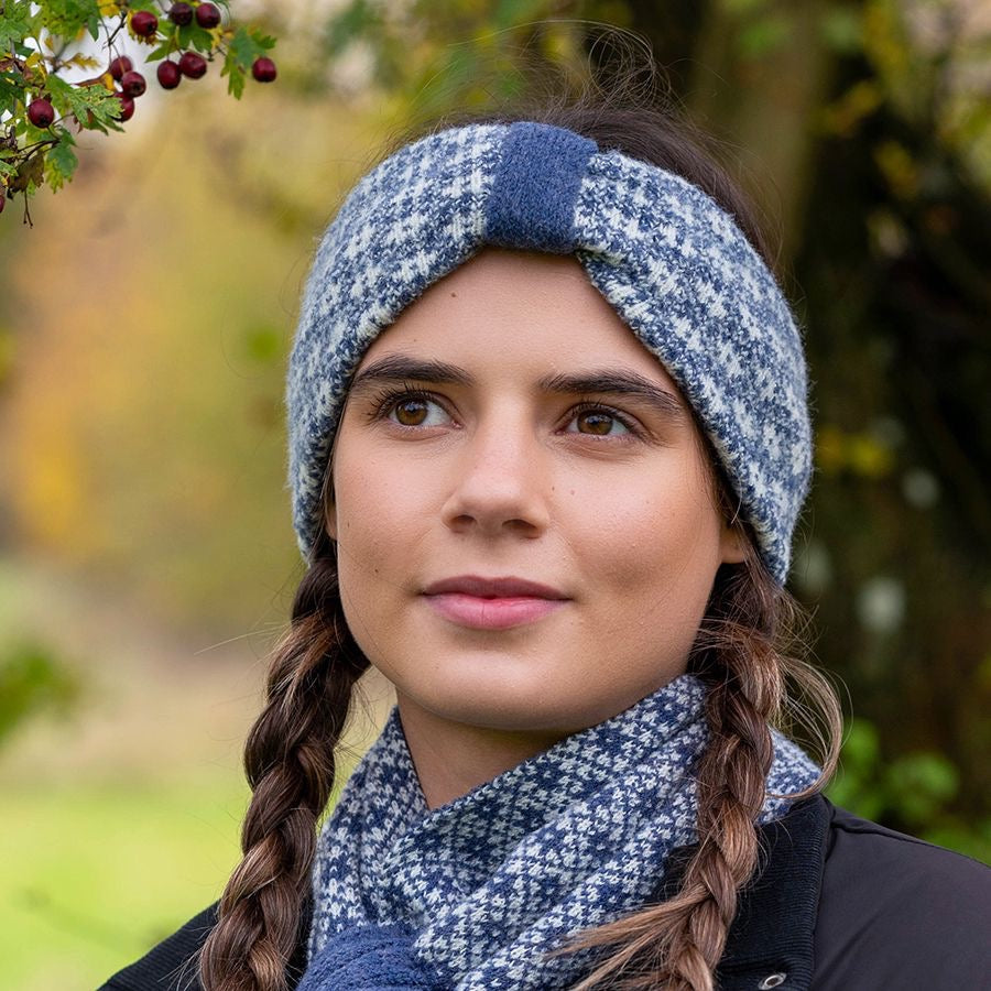 POM Dark Denim Blue Recycled Knit Scandi Floral Knot Cosy Headband