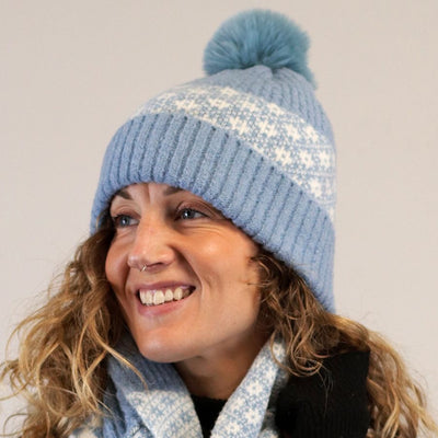 POM Baby Blue Ribbed & Scandi Floral Recycled Yarn Bobble Hat