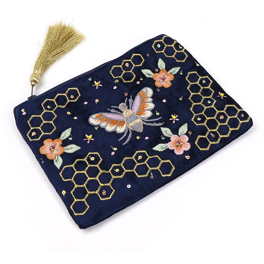 POM Navy Blue Velvet Bee & Honeycomb Embroidered Tassel Pouch