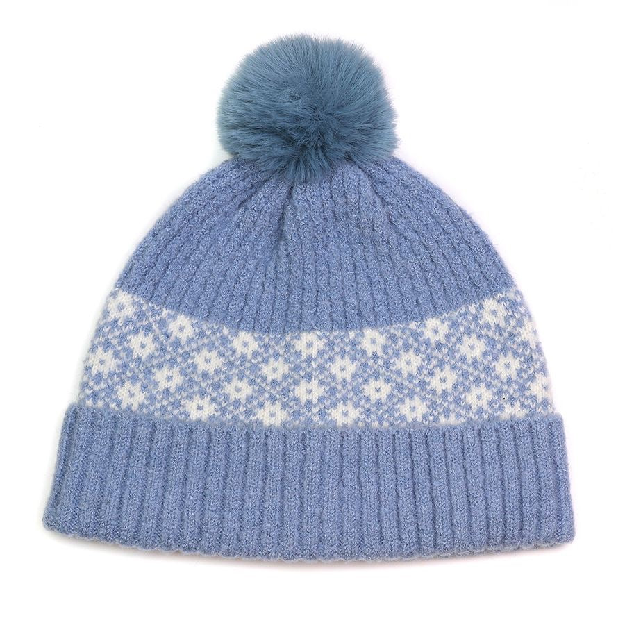 POM Baby Blue Ribbed & Scandi Floral Recycled Yarn Bobble Hat