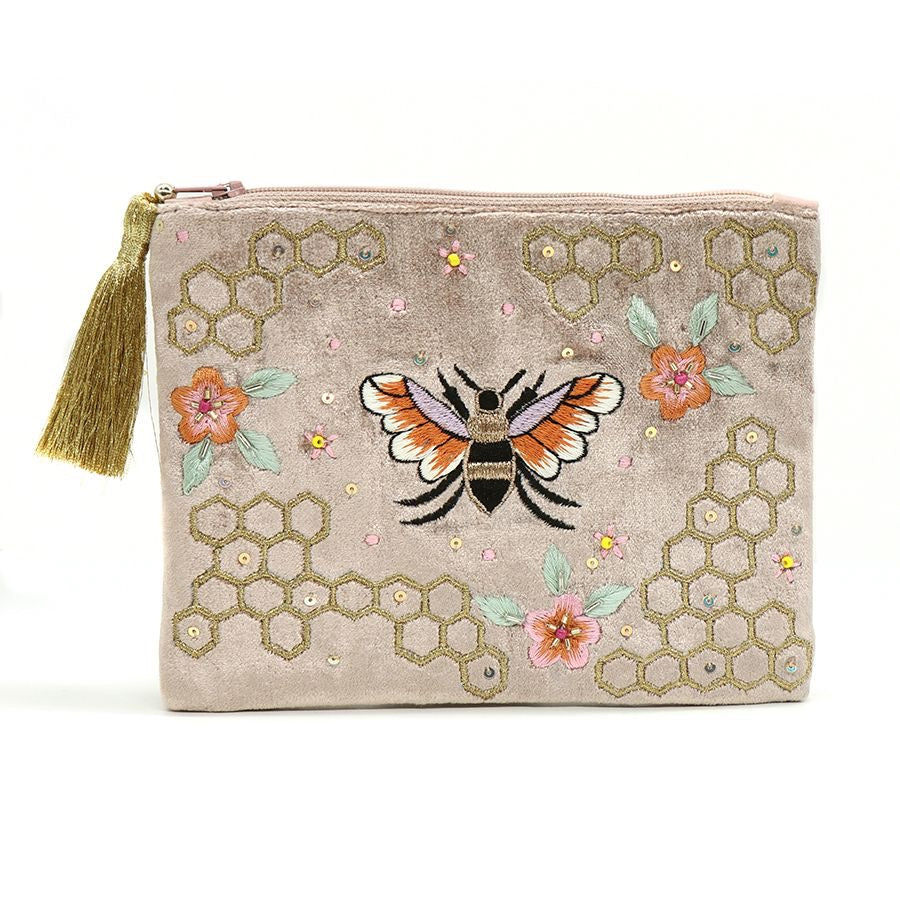 POM Golden Velvet Bee & Honeycomb Embroidered Tassel Pouch