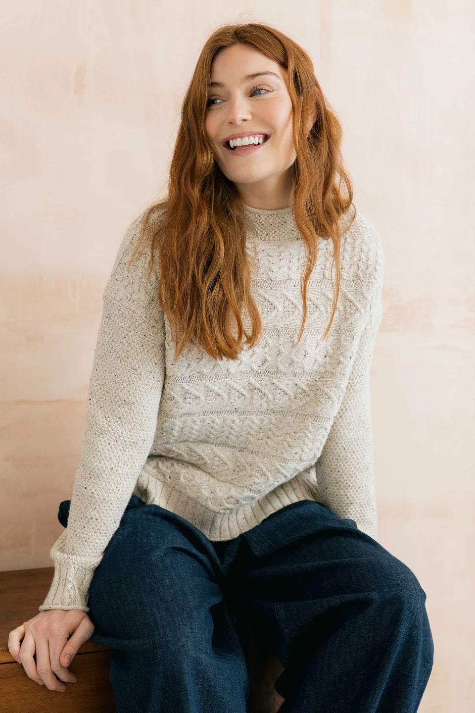 Sonia Cable Knit High Neck Jumper - Ecru Fleck - Lily &amp; Me