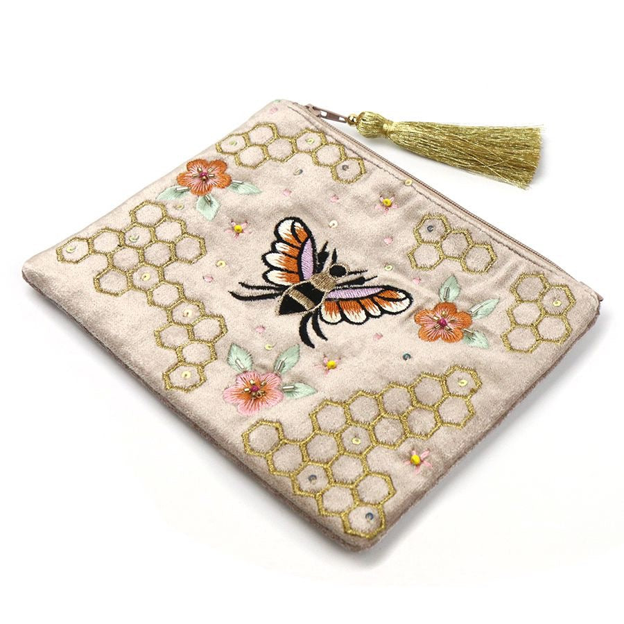 POM Golden Velvet Bee & Honeycomb Embroidered Tassel Pouch