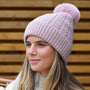 POM - Herringbone Cable Knit Hat with Faux Fur Pompom - Dusty Pink