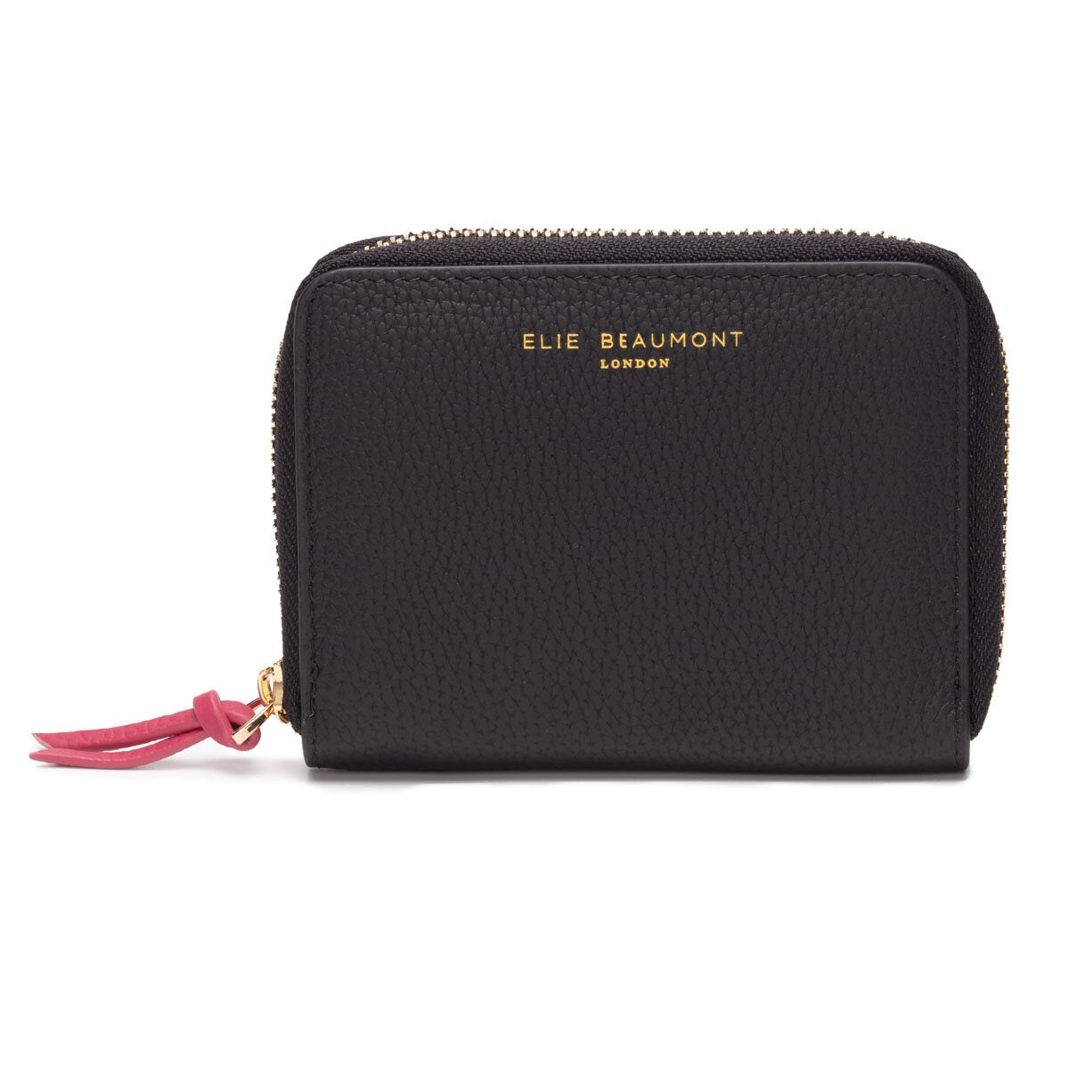 Elie Beaumont Designer Leather Zipper Card Purse - Black/Berry Pink