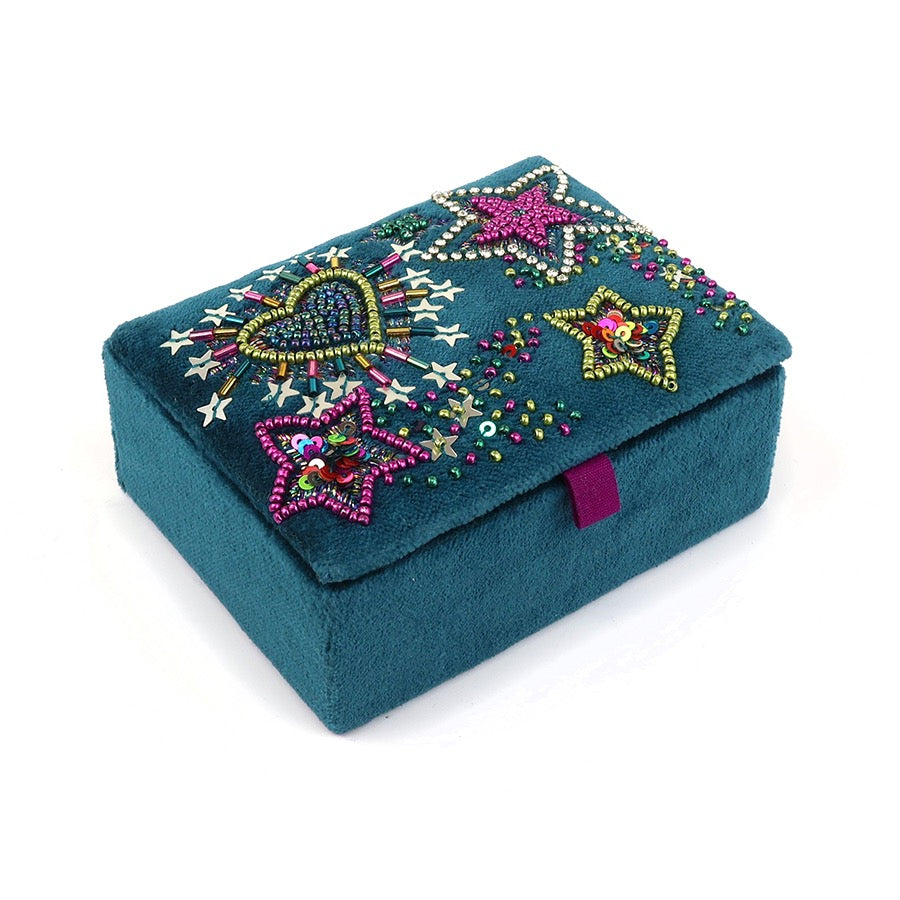 POM - Teal - Starburst Hearts &amp; Stars - Embroidered Small Jewellery Box