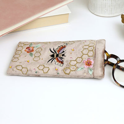 POM Golden Velvet Bee & Honeycomb Embroidered Sunglasses Pouch