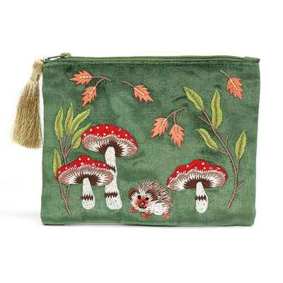 POM Grass Green Autumn Toadstools & Hedgehog Embroidered Tassel Pouch