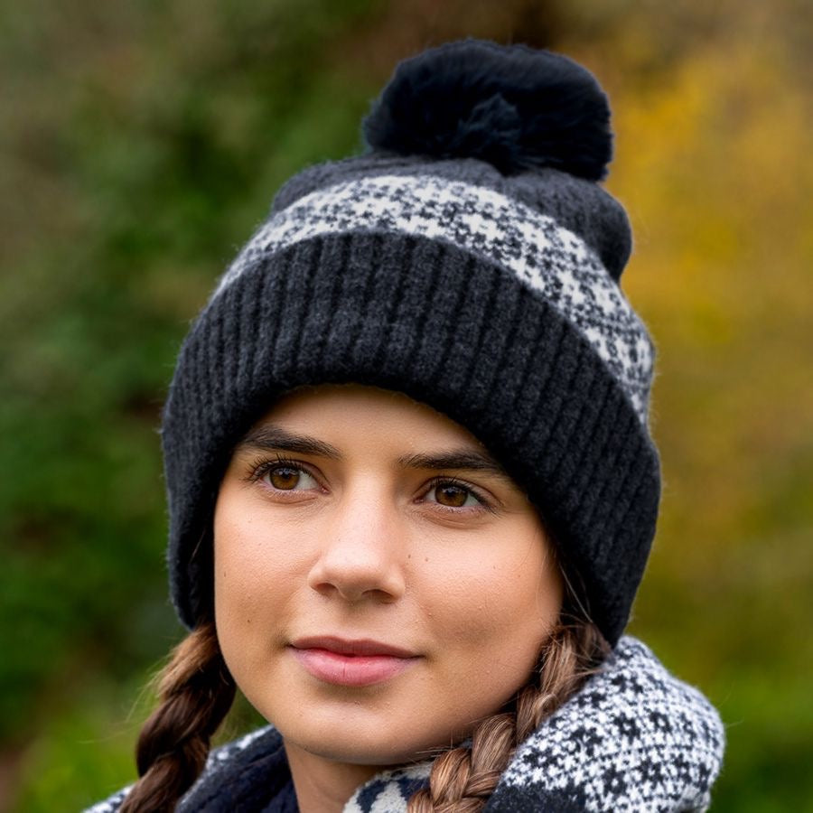 POM Black Ribbed & Scandi Floral Recycled Yarn Bobble Hat