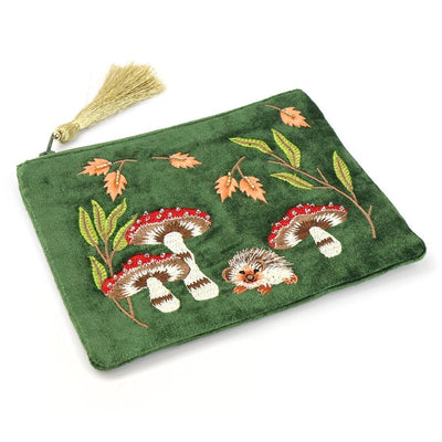 POM Grass Green Autumn Toadstools & Hedgehog Embroidered Tassel Pouch