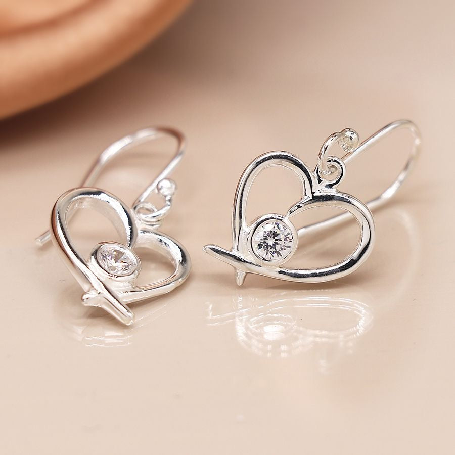 POM Open Heart Crystal Inset Sterling Silver Dangly Earrings