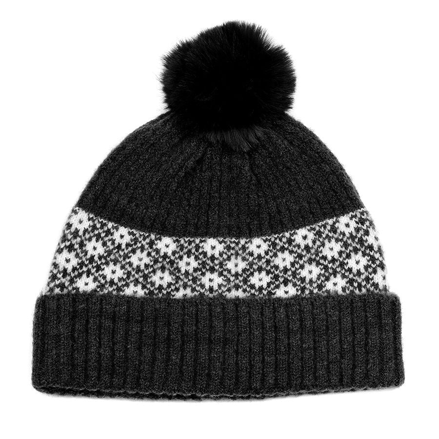 POM Black Ribbed & Scandi Floral Recycled Yarn Bobble Hat