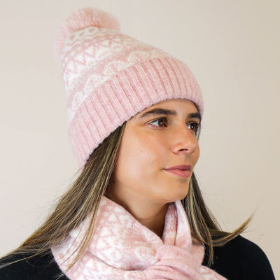 POM Pale Pink Ribbed & Scandi Floral Recycled Yarn Bobble Hat