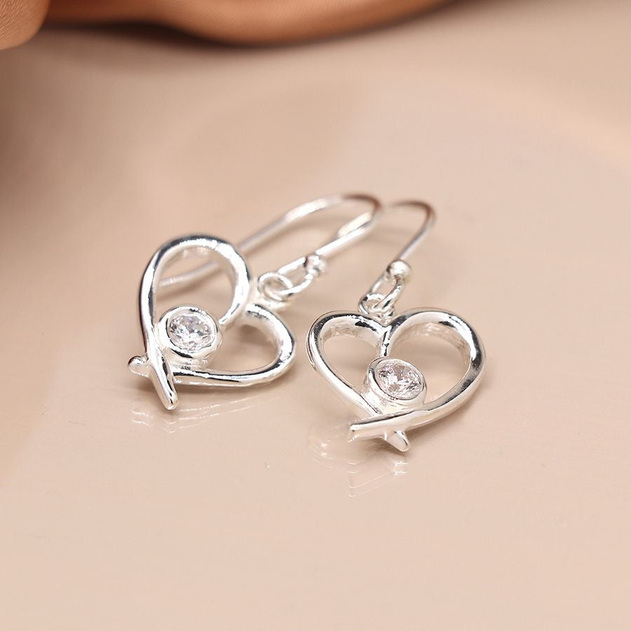 POM Open Heart Crystal Inset Sterling Silver Dangly Earrings