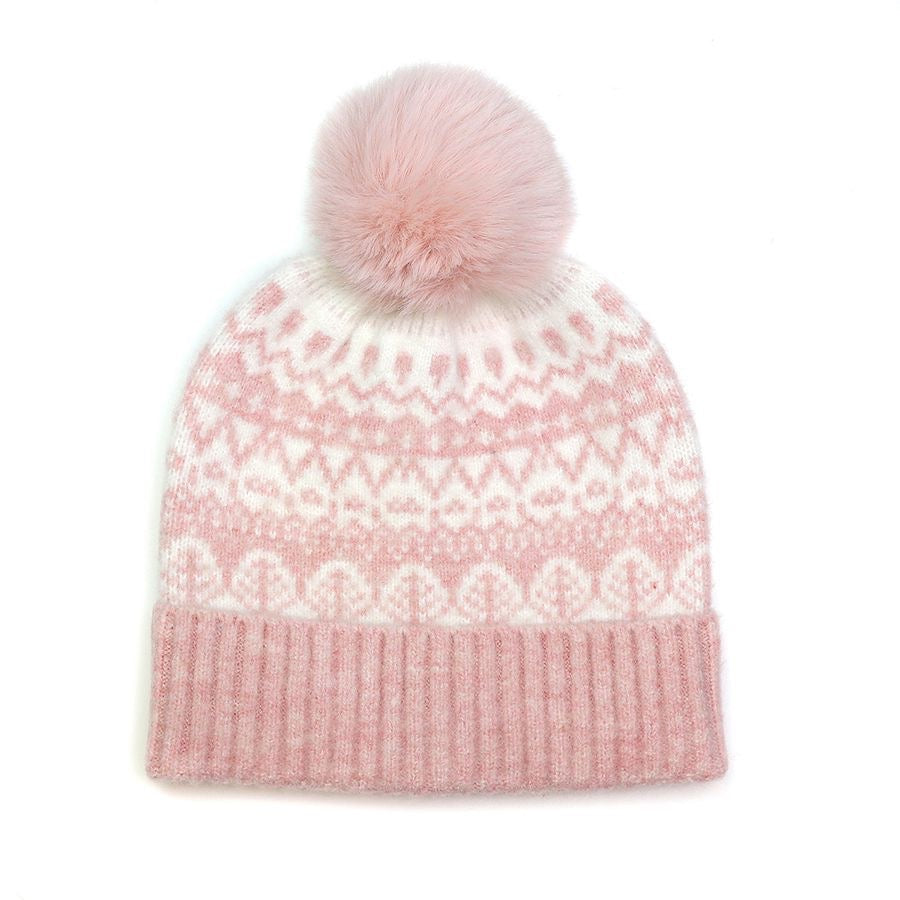 POM Pale Pink Ribbed & Scandi Floral Recycled Yarn Bobble Hat