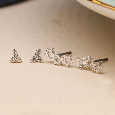 POM Silver Plated Triple Stars & Triangle Crystal Duo Set Earrings