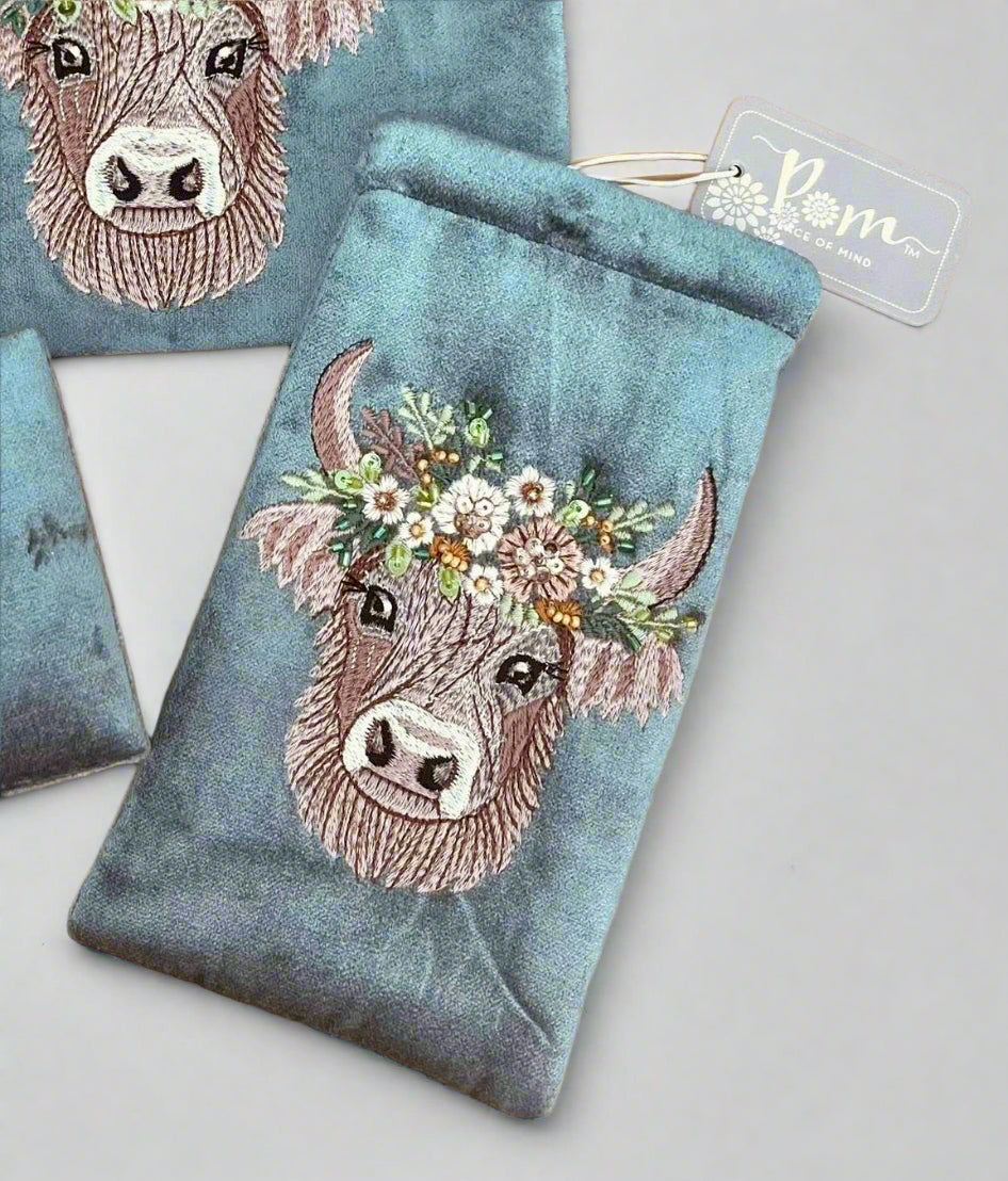 POM Seafoam Velvet Highland Cow Embroidered Glasses Case Pouch
