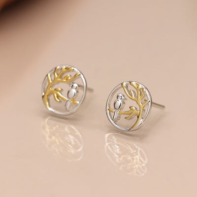 POM Sterling Silver Bird & Gold Tree Cut Out Circle Stud Earrings