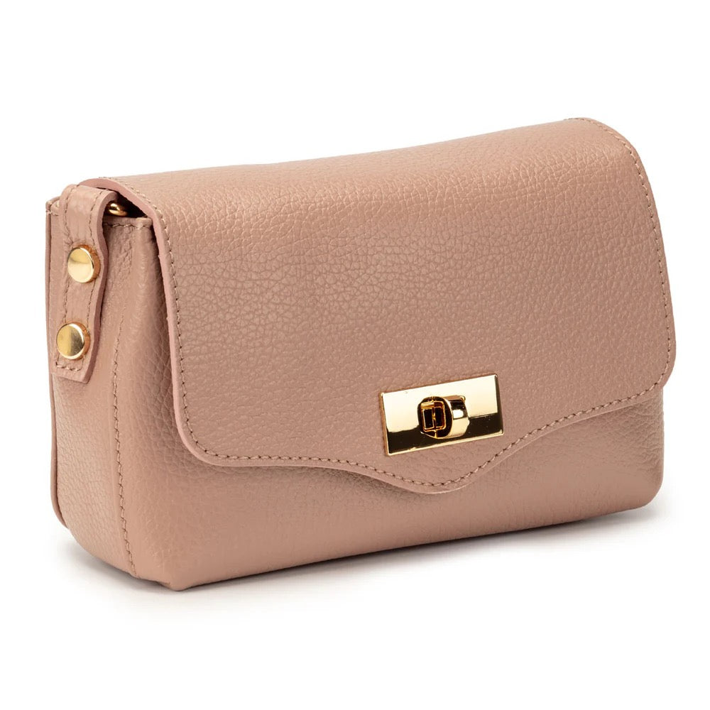 Elie Beaumont Designer Leather Twist Lock Small Crossbody Bag - Blush Pink (GOLD Fittings)
