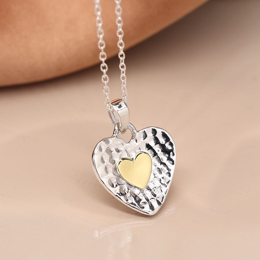 POM Hammered Concave Heart with Gold Heart Centre Sterling Silver Pendant