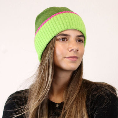 POM Dark Green with Lime & Fuchsia Cuff Recycled Yarn Knitted Beanie Hat