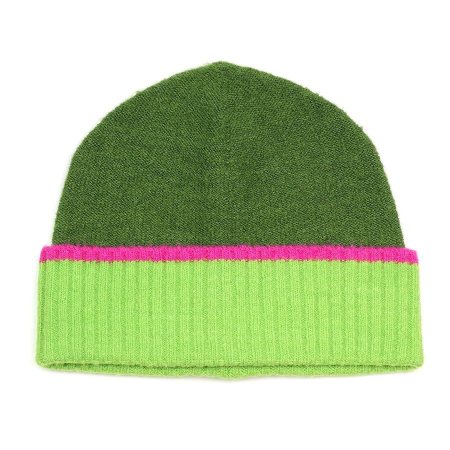 POM Dark Green with Lime & Fuchsia Cuff Recycled Yarn Knitted Beanie Hat