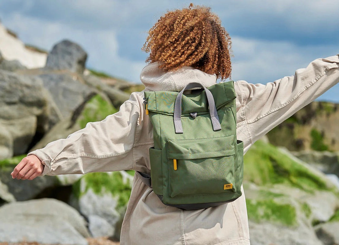 Roka Canfield B Backpack - MEDIUM - Yellow Label Recycled Canvas - Granite Green/Yellow