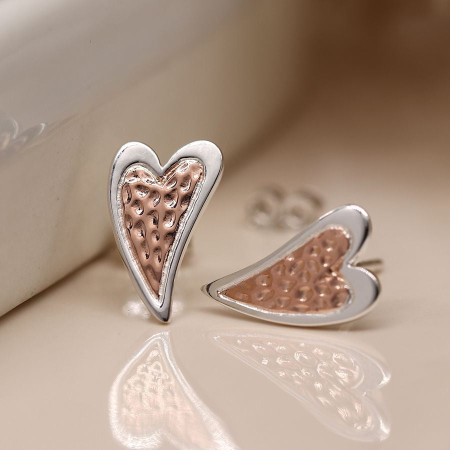 POM Shaped Heart with Hammered Rose Gold Centre Sterling Silver Stud Earrings