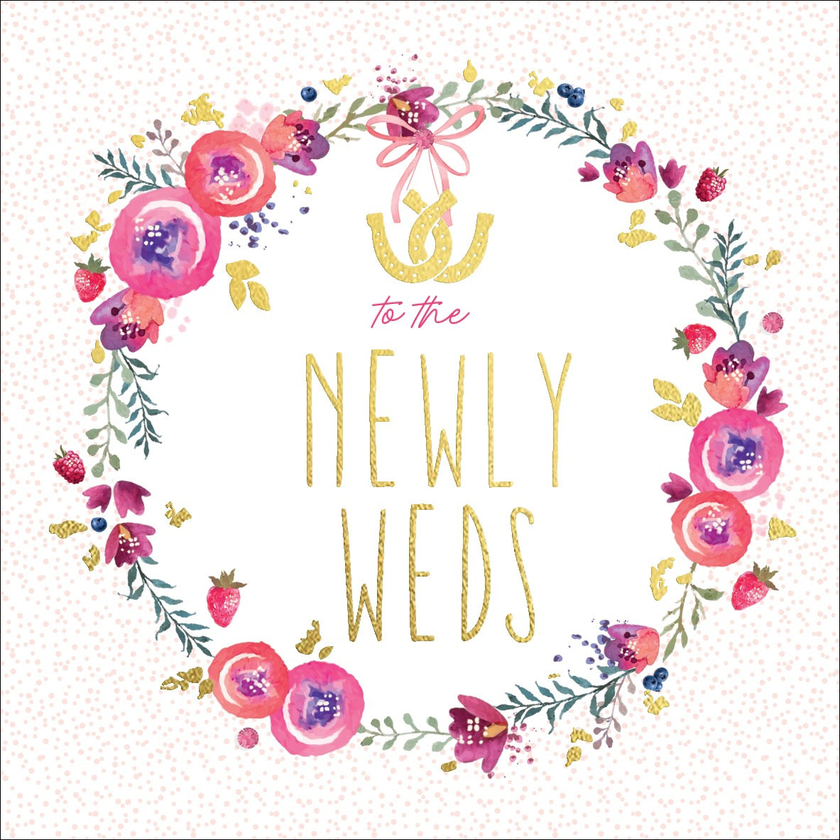To the Newly Weds Floral Wreath & Horseshoes Wedding Card