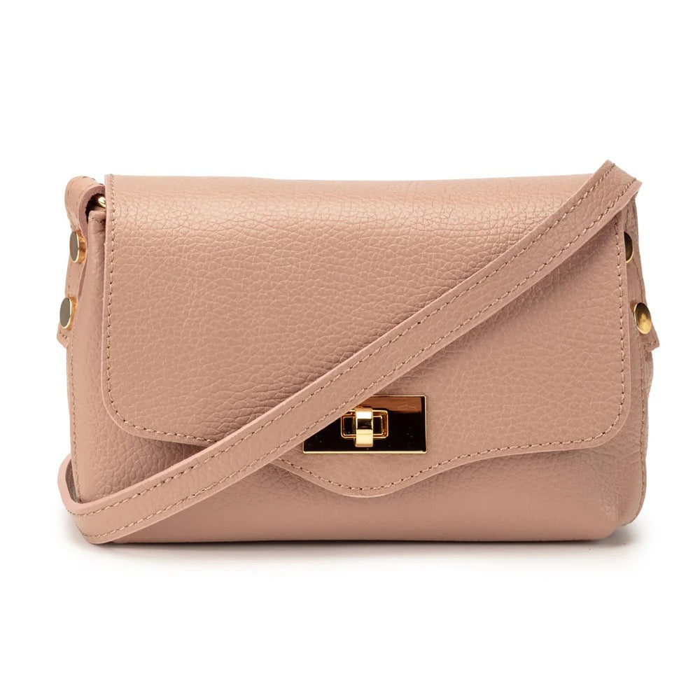 Elie Beaumont Designer Leather Twist Lock Small Crossbody Bag - Blush Pink (GOLD Fittings)