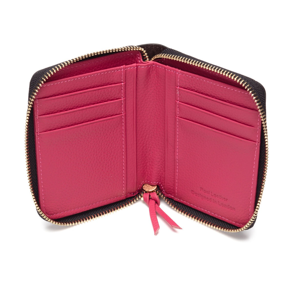 Elie Beaumont Designer Leather Zipper Card Purse - Black/Berry Pink