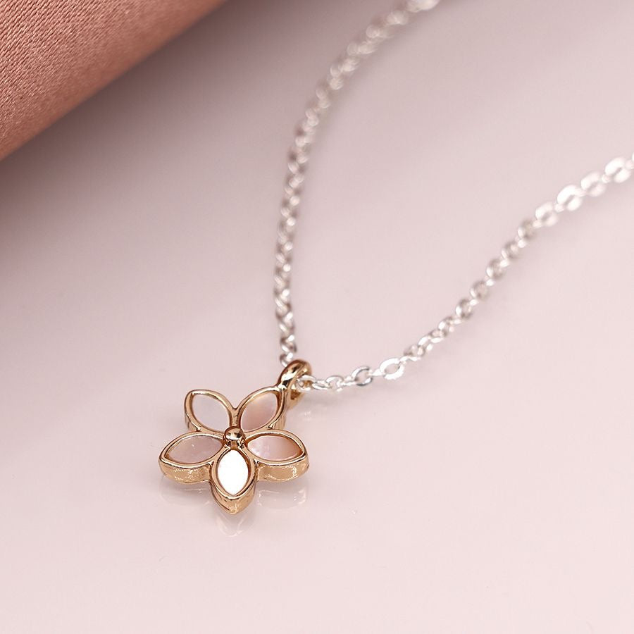 POM Golden Shell Inset Flower Pendant on Silver Plated Chain