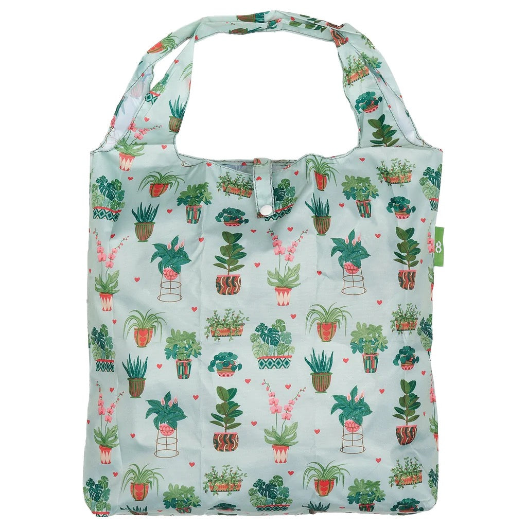 Eco Chic Foldable Recycled Shopping Bag - House Plants - Mint Green