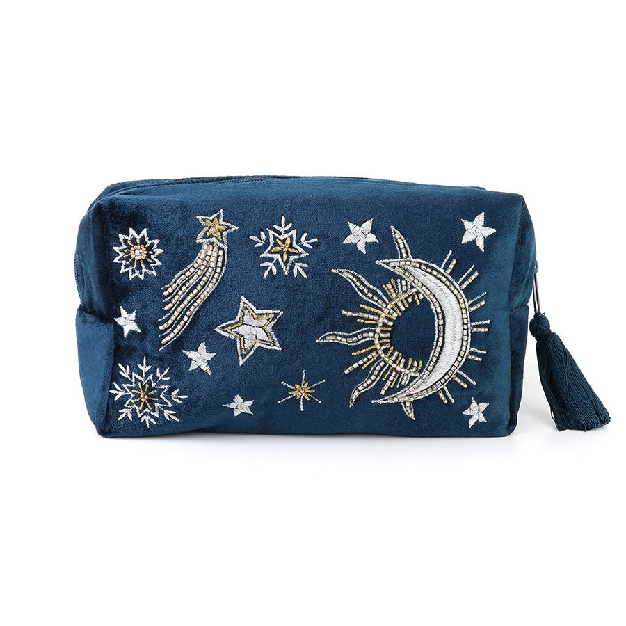 POM - Petrol Blue - Celestial Moon &amp; Stars - Large Cosmetic/ Make-Up Bag