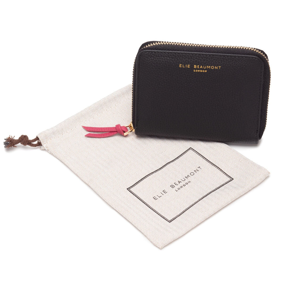 Elie Beaumont Designer Leather Zipper Card Purse - Black/Berry Pink