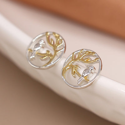 POM Sterling Silver Bird & Gold Tree Cut Out Circle Stud Earrings