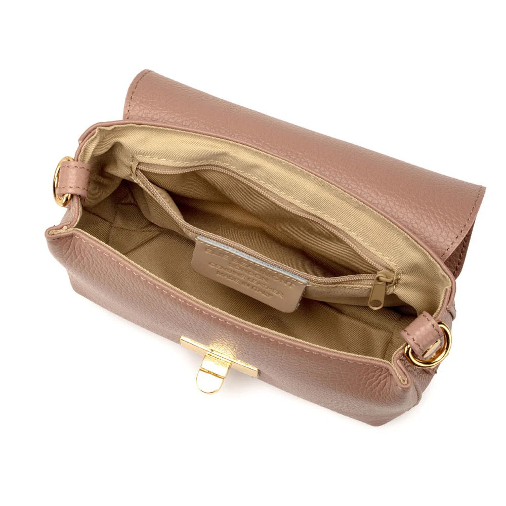 Elie Beaumont Designer Leather Twist Lock Small Crossbody Bag - Blush Pink (GOLD Fittings)