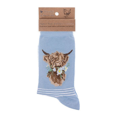 Daisy Coo Highland Cow Ladies Ankle Bamboo Socks -Blue -  Wrendale Designs