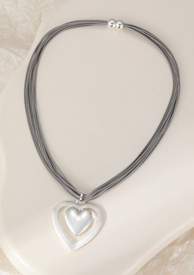 Gracee Jewellery Silver Double Heart &amp; Grey Multi Cord Magnetic Necklace