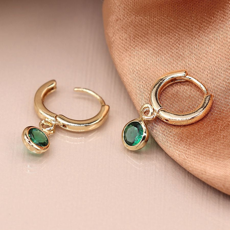 POM Golden Mini Hoop Earrings with Green Crystal Drops