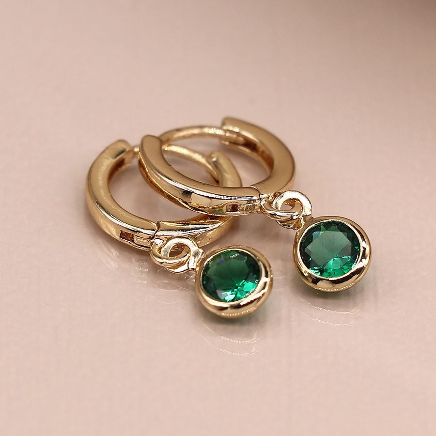 POM Golden Mini Hoop Earrings with Green Crystal Drops