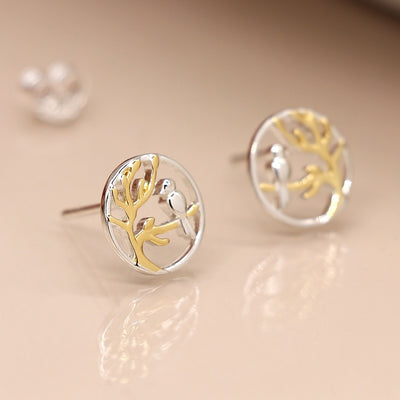 POM Sterling Silver Bird & Gold Tree Cut Out Circle Stud Earrings