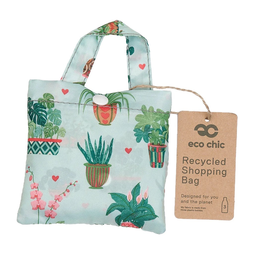 Eco Chic Foldable Recycled Shopping Bag - House Plants - Mint Green