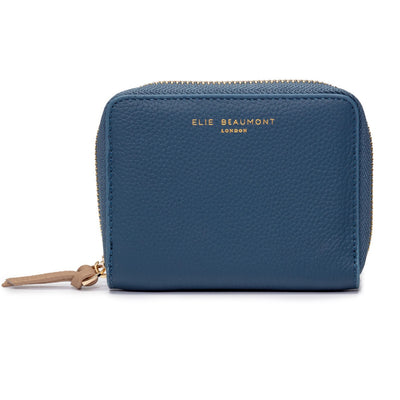 Elie Beaumont Designer Leather Zipper Card Purse - TEAL BLUE/LATTE