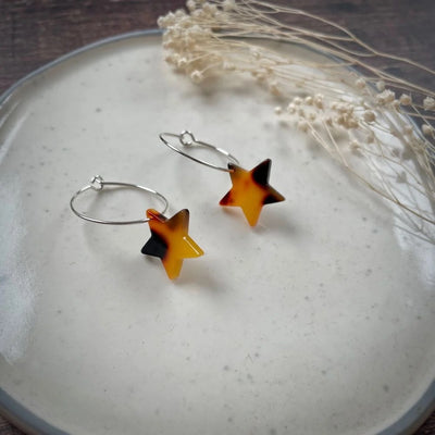 Acrylic Mini Star Silver Hoop Earrings - Tortoiseshell - The Old Farmhouse Jewellery