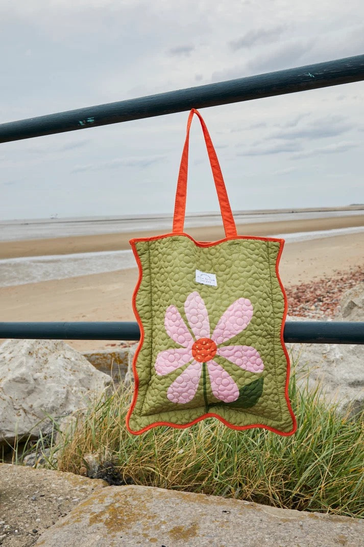 Olive Flower - Quilted and Scalloped Fabric Tote Bag - Belly Button
