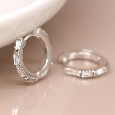 POM Silver Plated Oblong Crystal Hoop Earrings