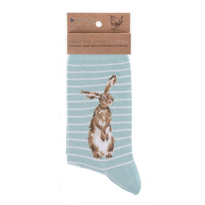 Hare Striped Ladies Ankle Bamboo Socks -Duck Egg -  Wrendale Designs
