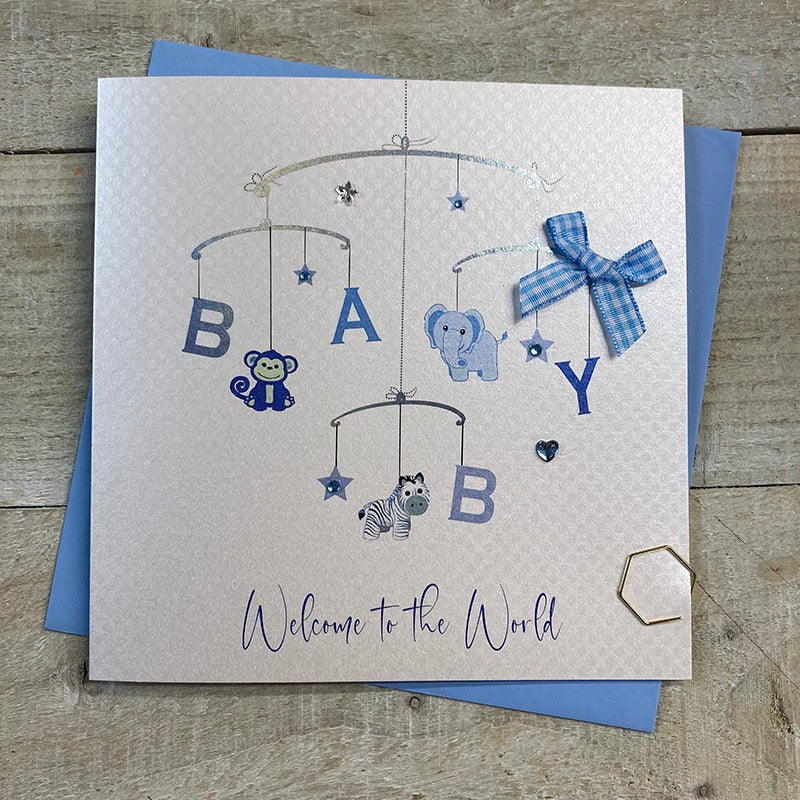 White Cotton Cards Blue Mobile New Baby Card